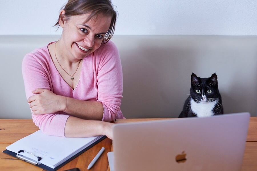 Cattalk und Katze vor einem Laptop