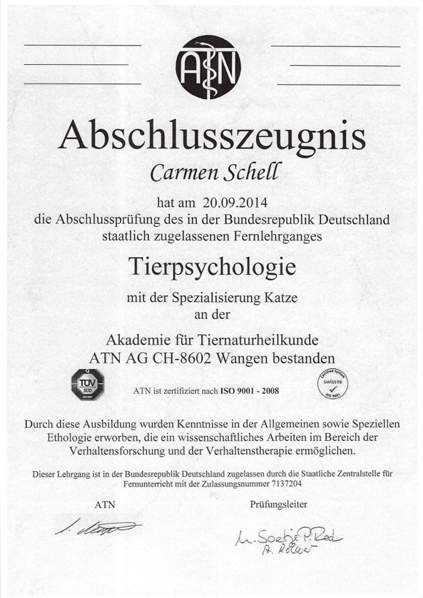 Expertise - Abbildung des Abschlusszeugnissese "Tierpsychologie" bei der ATN AG von Carmen Schell, der Inhaberin.