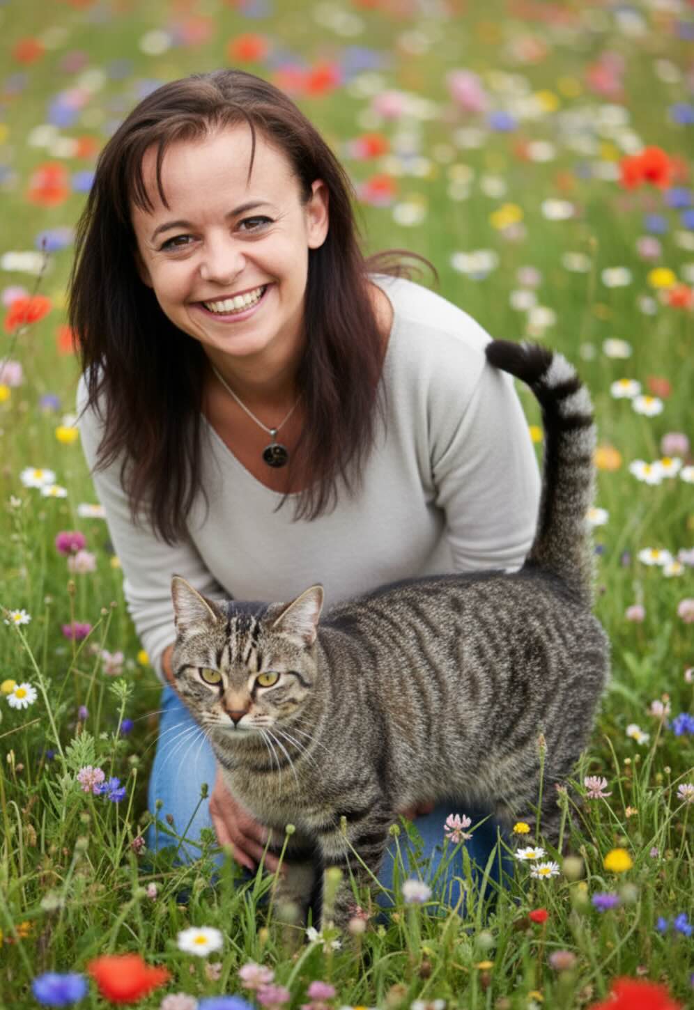 Carmen Schell hockt in einer bunten Blumenwiese und strahlt in die Kamera. Ganz dicht bei ihr steht eine Tigerkatze.