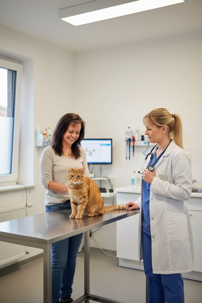 Carmen Schell steht am Behandlungstisch, auf dem eine rot-getigerte Katze sitzt. Vor ihr steht eine Tierärztin mit einem Stethoskop in der Hand