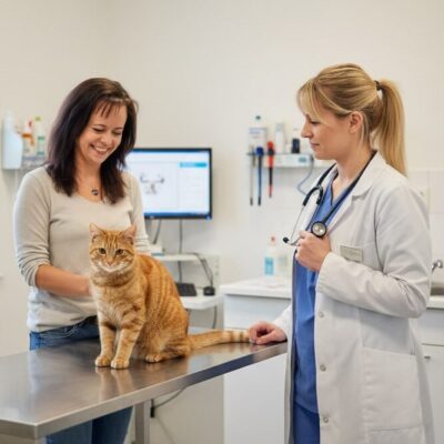 Cattalk_CarmenSchell_Praxis Carmen Schell steht am Behandlungstisch, auf dem eine rot-getigerte Katze sitzt. Vor ihr steht eine Tierärztin mit einem Stethoskop in der Hand