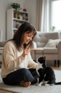 Cattalk_Preise_Beratung Preise für Katzenverhaltensberatung: Carmen sitzt im Schneidersitz auf dem Boden und übt mit einer Tuxedo-Katze den Trick "Sitz"