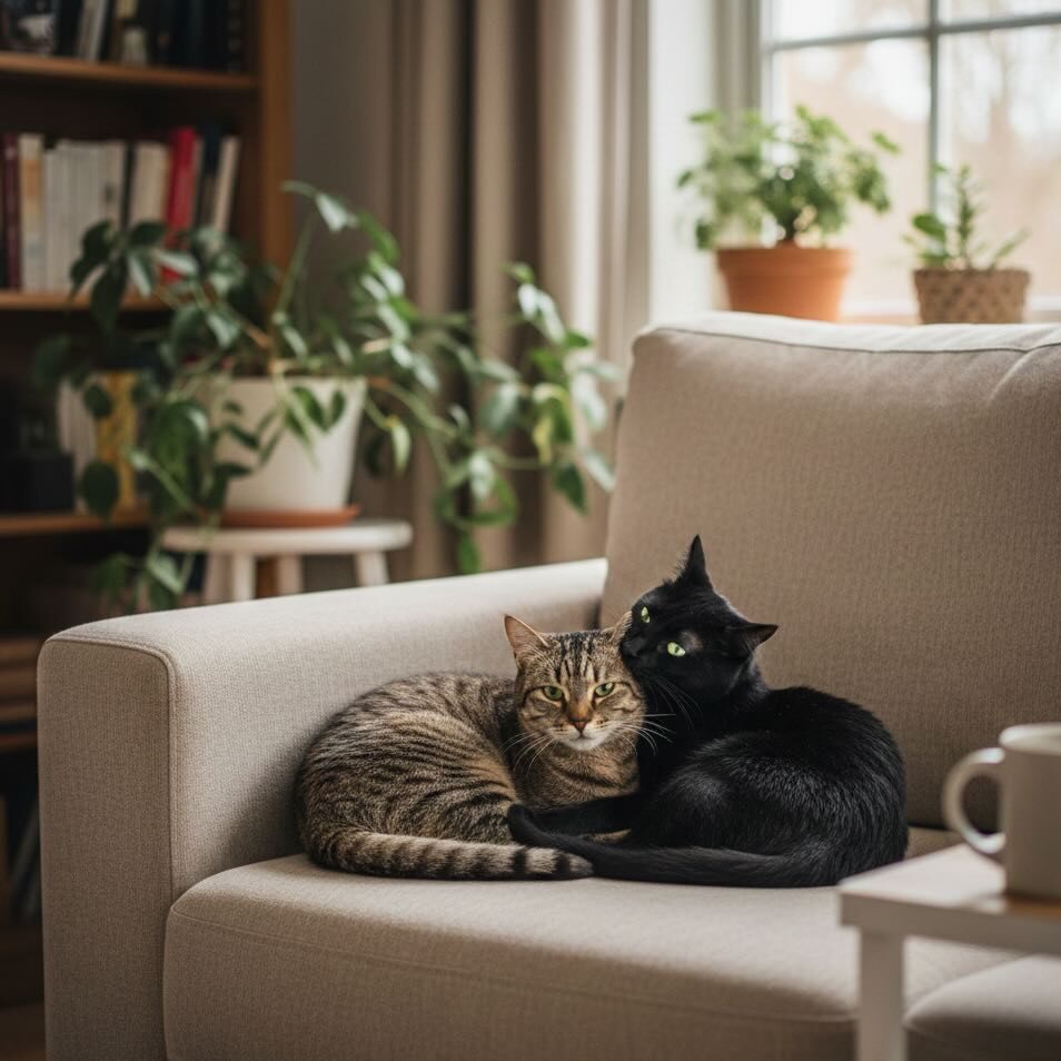 Mehrkatzenhaushalt Konflikte lösen - Webinar: zwei auf dem Sofa kuschelnde Katzen, eine putzt der anderen das Ohr