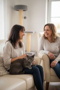Katzenberatung: Carmen berät eine Kundin im heimischen Umfeld. Auf ihrem Schoß sitzt eine Karthäuserkatze. Die beiden Frauen lächeln sich an.